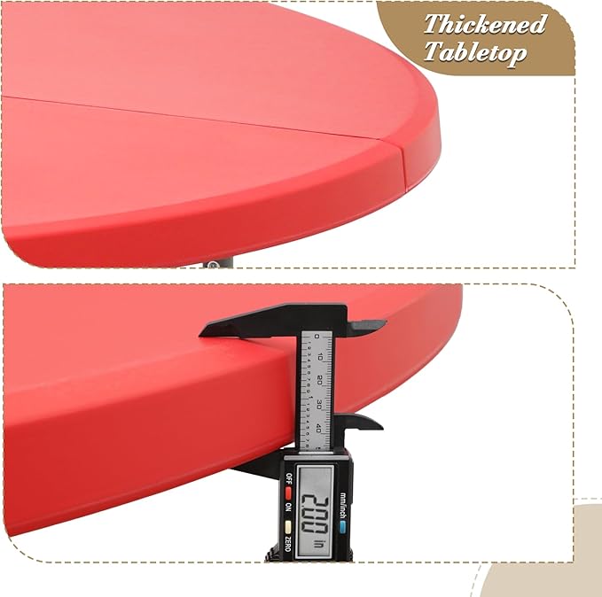 Athena Collection 5 ft Plastic Folding Dining Table, Large Foldable Round Card Table Portable with Carry Handle Heavy Duty Fold-in-Half for Indoor Outdoor Party Camping, Red-NeatNest