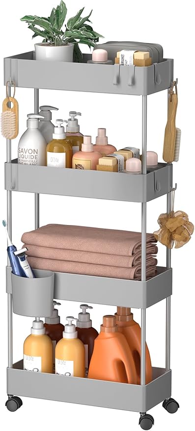 Pipishell Slim Storage Cart with Wheels, 4 Tier Bathroom Storage Organizer Rolling Utility Cart for Bathroom Kitchen Laundry Room Office Narrow Place (Gray)-NeatNest