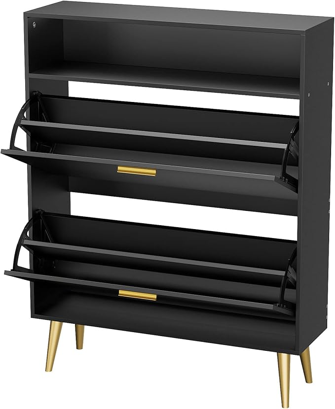 JOZZBY Shoe Cabinet for Entryway, Narrow Shoe Storage Cabinet with 2 Flip Drawers, Freestanding Hidden Shoe Rack Storage with Open Shelves for Hallway, Living Room, Set of 2, Black-NeatNest