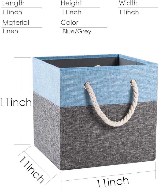 PRANDOM Large Foldable Cube Storage Bins 11x11 inch [4-Pack] Fabric Linen Storage Baskets Cubes Drawer with Cotton Handles Organizer for Shelves Nursery Closet Bedroom Blue-NeatNest