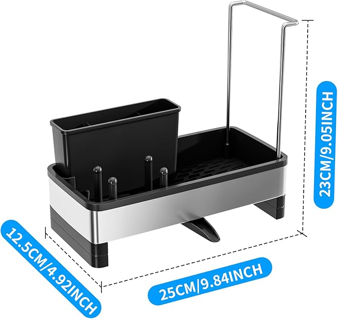 Sponge Holder for Kitchen Sink,Sink Caddy Organizer with Removable Brush Holder,Kitchen Countertop Soap Dispenser Storage with Detachable Towel Rack,Black-NeatNest