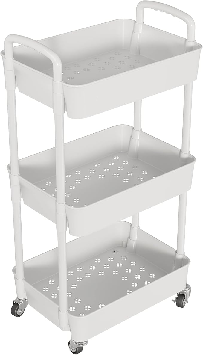 Laiensia 3-Tier Rolling Cart with Wheels,Multifunction Utility Storage carts, Kitchen Storage Organizer,Mobile Shelving Unit for Bathroom,Laundry,with Classified Stickers,White-NeatNest