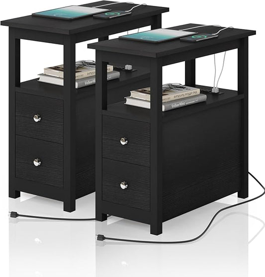 Sandinrayli Bedside Table Set of 2, End Table Black for Living Room, Side Tables with Charging Station, Nightstand with 2 USB Ports and 2 Power Outlets, Wooden Small End Table(Black)