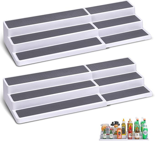 3 Tier Expandable Spice Rack Organizer, White/Grey Plastic Spice Rack, Adjustable Length 14.6In-25.8In, 2 Pack Non-Skid Tiered Spice Shelf Organizer for Kitchen Cabinet, Cupboard, Pantry-NeatNest