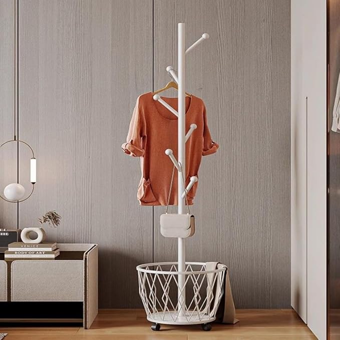 Freestanding Metal Coat Rack Stand with Basket Modern Organizer for Scarf Jacket Hat Bags Ideal for Home Entryway Bedroom Corner Stable and Moveable tree (white)
