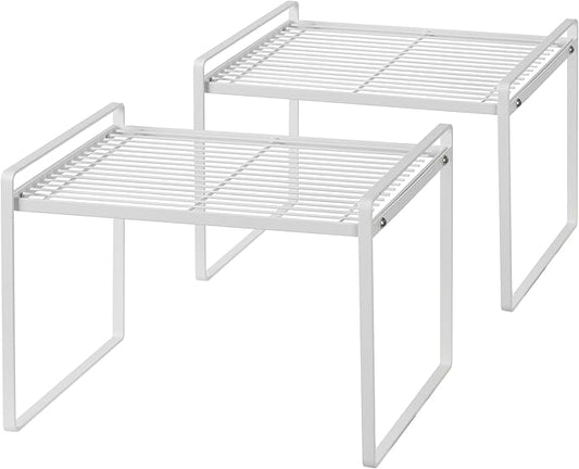 2Pack Kitchen Cabinet Shelf Counter Organizer Rack Pantry Storage Bathroom Bedroom Office Table Desk Space Saving Stackable Rust Resistant Non Slip White Tall Wide L13.1in W10.6in H9.5in-NeatNest