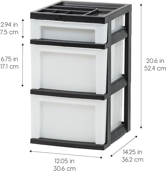 IRIS USA Plastic Drawer Storage Organizer Rolling Cart, 3-Drawers, for Classroom Art Craft Supplies Dresser Closet Bathroom Laundry Room, Black/Pearl