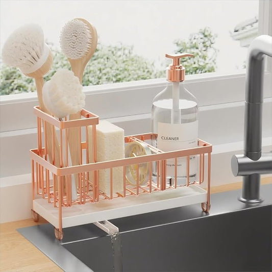 Cisily Rose Gold Sponge Holder for Kitchen Sink, Sink Caddy Organizer with High Brush Holder, Kitchen Countertop Organizers and Storage Essentials, Rustproof 304 Stainless Steel, Soap Dispenser-NeatNest