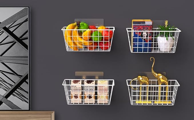 MaraFansie Wall Wire Baskets Adhesive Basket Hanging Kitchen Baskets No Drilling for Cabinet & Pantry Organization and Kitchen, Bathroom, Bedroom Storage, 4 Pack, White-NeatNest