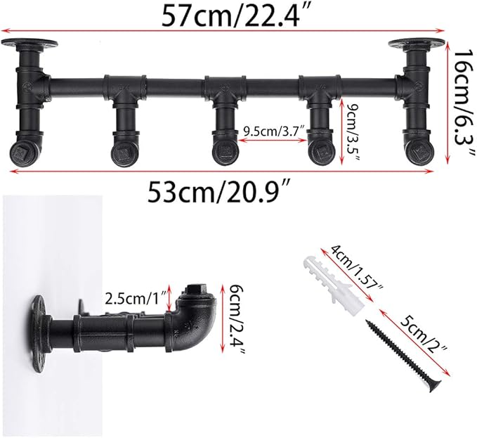 Sumnacon Industrial Pipe Coat Towel Rack with 5 Hooks- Vintage Heavy Duty Clothes Hat Hanger Racks with Screws, Rustic Iron Garment Storage Display Rail for Home, Store, Wardrobe, Boutique-NeatNest