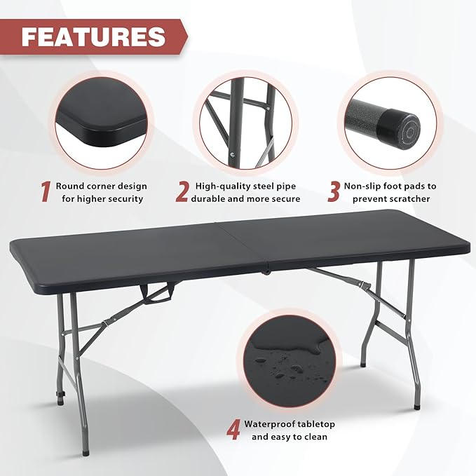 Folding Table 6 FT Heavy Duty Plastic Foldable Table with Carrying Handle for Garden Party Picnic Camping BBQ Dining Kitchen Wedding Market Events, Black-NeatNest