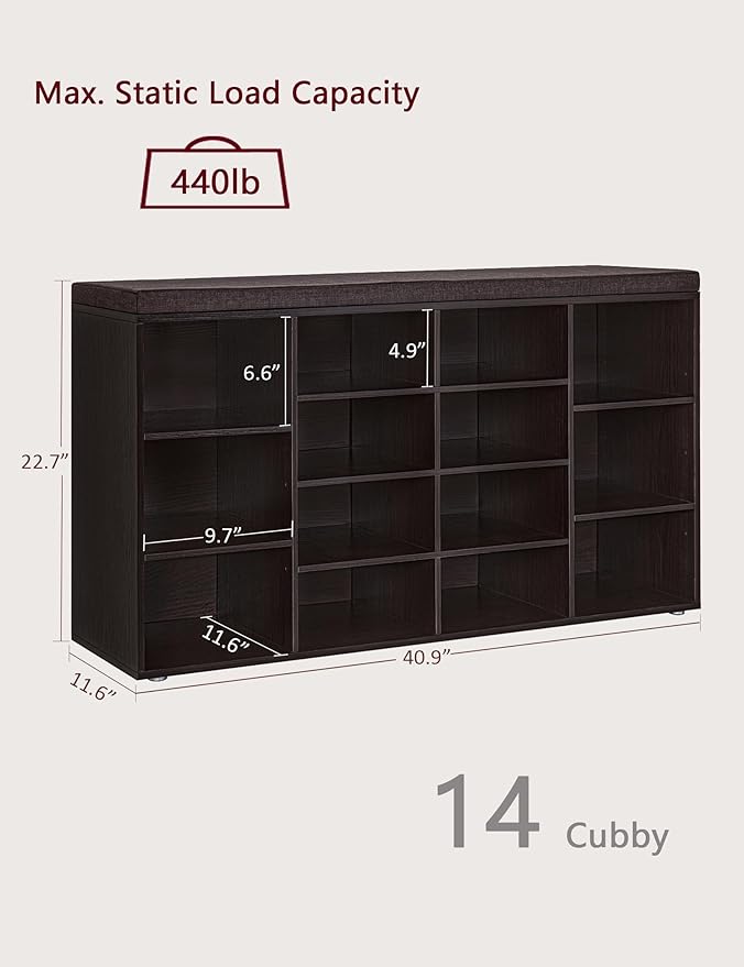 DINZI LVJ Shoe Storage Bench with Cushion, 14-Cubby Shoe Rack, Adjustable Shelves, Multifunctional Shoe Organizer Bench for Entryway, Mudroom, Hallway, Living Room, Bedroom and Garage, Espresso-NeatNest