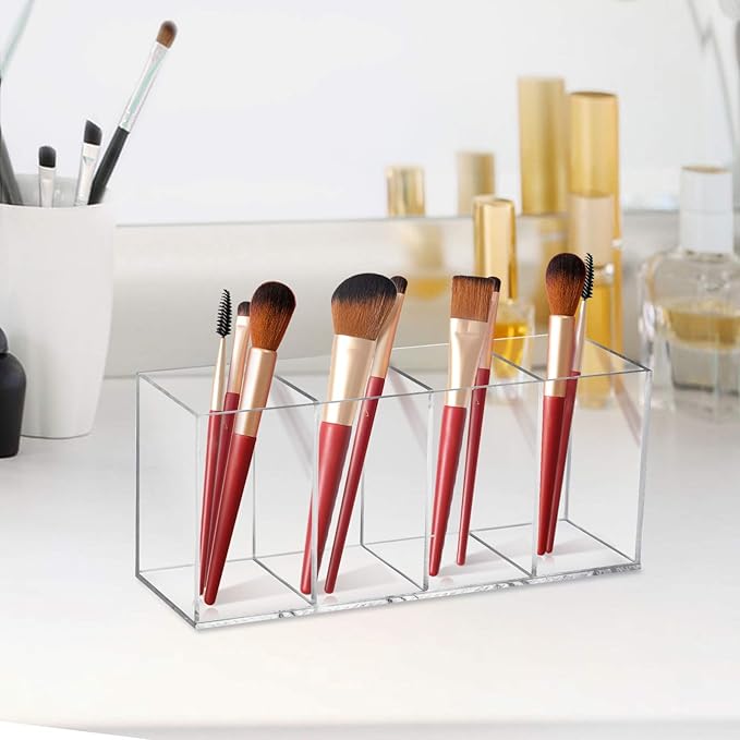 4 Slot Acrylic Pen Holder & Makeup Brush Organizer - Clear Desk Storage for Office, Beauty Supplies, Transparent Pencil, Marker, Paint Brush Holder, Stationery & Desk Accessories Organizer-NeatNest