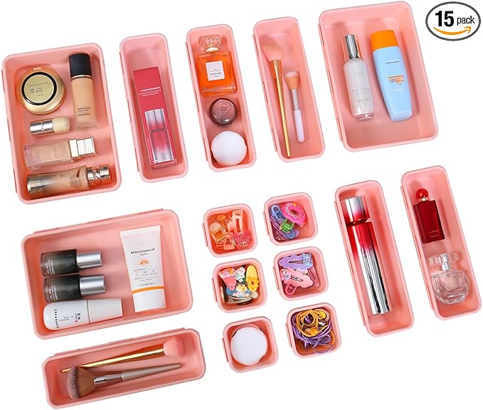 15 PCS Interlocking Desk Drawer Organizer Separator for Office,Bathroom,Kitchen,Makeup（Pink）-NeatNest
