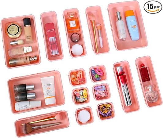 15 PCS Interlocking Desk Drawer Organizer Separator for Office,Bathroom,Kitchen,Makeup（Pink）-NeatNest