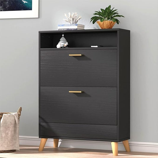 Shoe Storage Cabinets, 16 Pairs Free Standing Shoe Organizer with 2 Flip Drawers for Entryway, Narrow 3 Tier Entryway Hidden Shoe Rack with Doors (Dark Black)-NeatNest