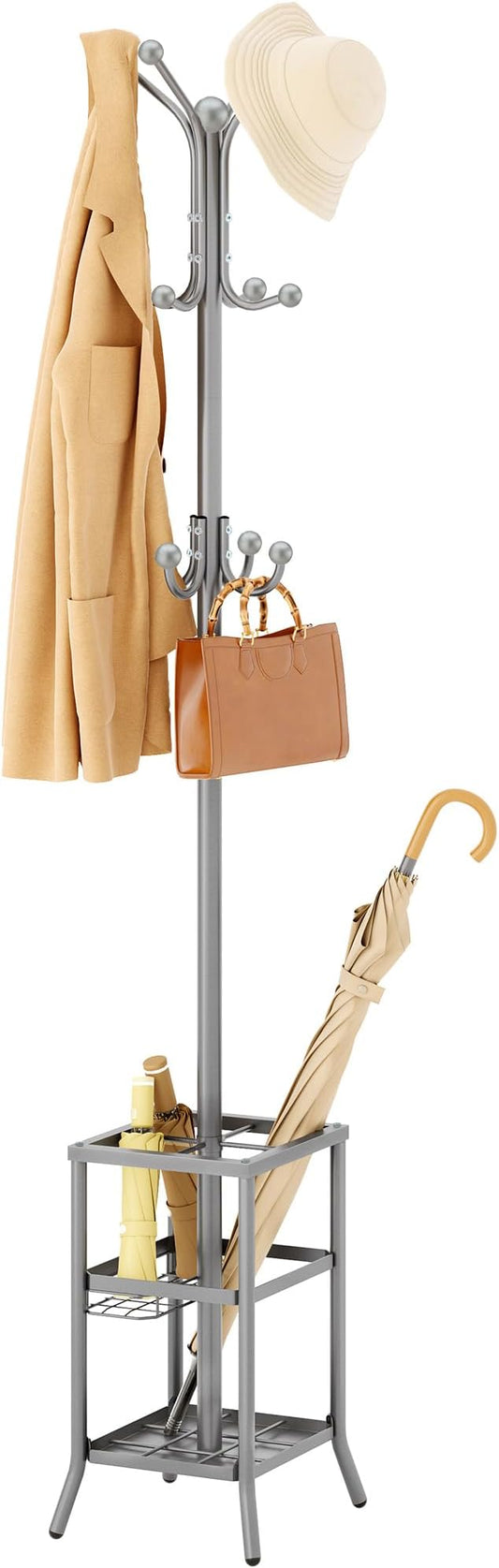 FAVOOSTY Coat Rack Freestanding,Coat Rack Stand with Umbrella Holder,Metal Coat Tree with 12 Hooks,Tree Clothes Hat for Entryway, Hallway, Bedroom, Living Room & Office - Silver Grey-NeatNest