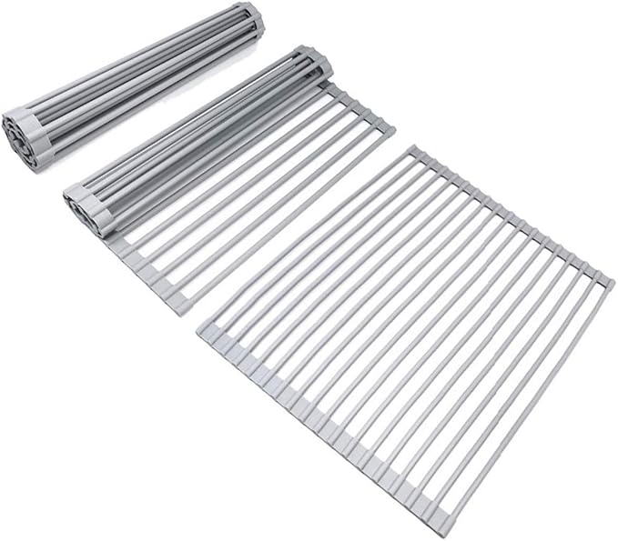 Ahyuan Large Roll up Dish Drying Rack Silicone Foldable Rack Over Sink Dishes Drainer Roll-up Sink Drying Racks Full Silicone Coated Stainless Still Dish Drying Rack (Warm Grey, 17.7''X13.13'')