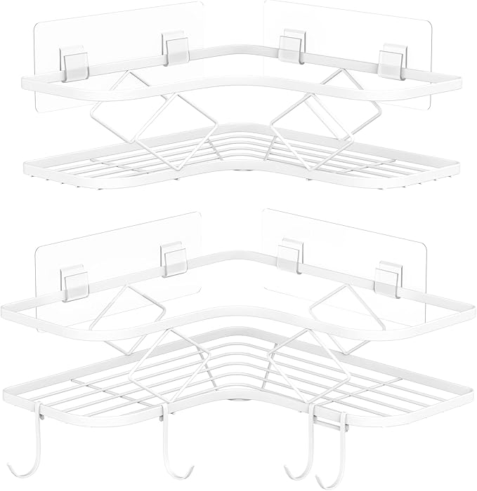 Kadolina Large Corner Shower Caddy Shelf, 2 Pack Adhesive Bathroom Shower Organizer Shelves, No Drilling Rustproof Wall Mounted Shower Storage Basket Shampoo Holder Organizer (White)