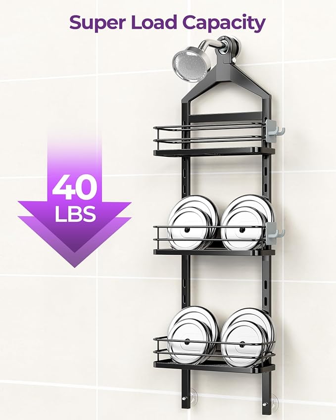 ODesign 3 Tier Height-Adjustable Shower Caddy Hanging Hanger Anti-Swing-Over The Shower Head Caddy-Shower Storage Organizer Bathroom Shelves Basket Shower Caddies-Black,11.9" x 4.84" x 36.2"