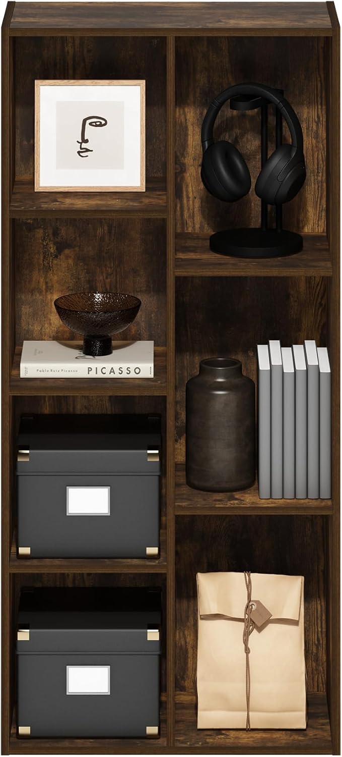Furinno Luder 7-Cube Open Shelf Bookcase, Bookshelf, Amber Pine-NeatNest
