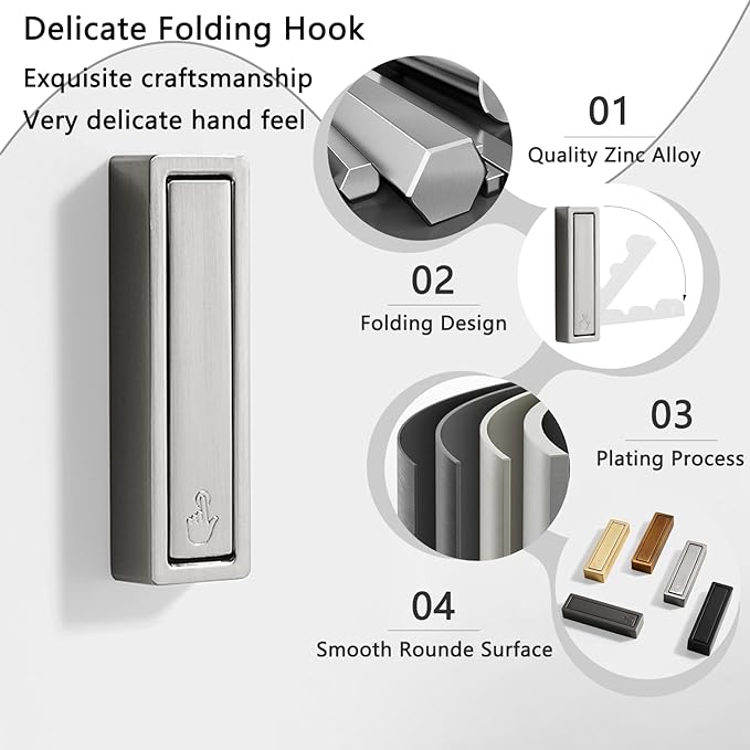 2Pcs Folding Coat Hooks, Heavy Duty Foldable Hook Made of Zinc Alloy, Foldable Wall Hooks for Bathroom, Entryway, Closet, Pool and Kitchen are Coat, Key Backpack, Storage Solutions（Silver）-NeatNest