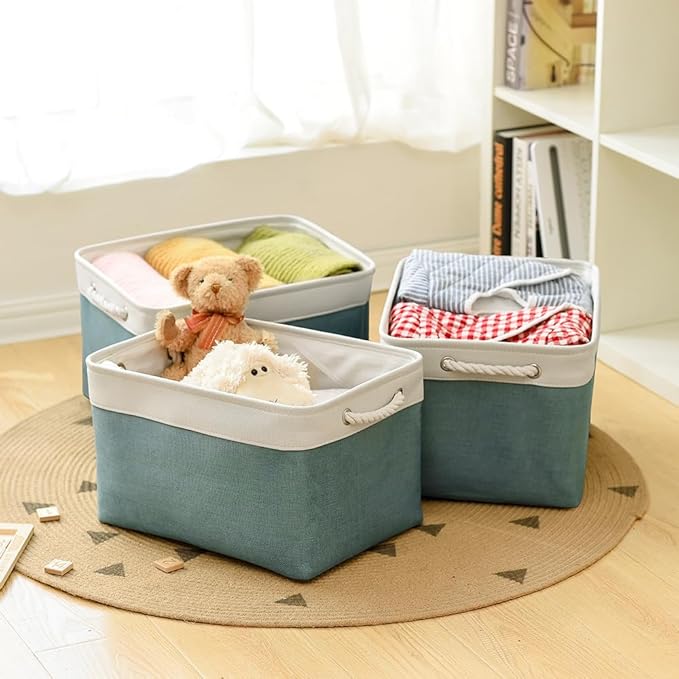 TheWarmHome Organization and Storage basket for Organizing - 3 Pack 16x12x12 inch Cube Storage Bin for Shelves, Fabric Storage Cubes for Organizer Cloth Closet Toy Box (White & Green)-NeatNest