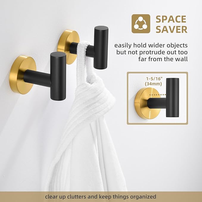 Angle Simple Black & Gold Towel Hook 2 PCS, Stainless Steel Bathroom Robe Holder, Round Coat Hand Towel Hanger, Wall Mounted