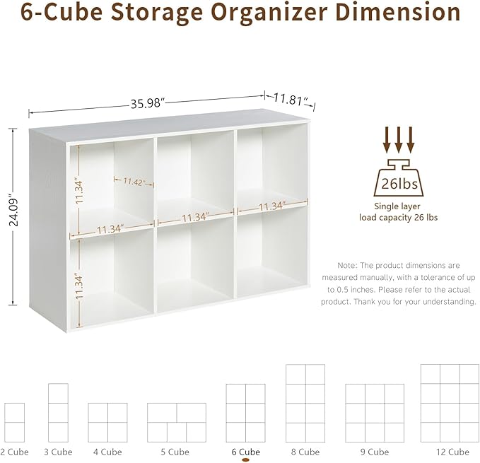 Wooden 6-Cube Storage Organizer with Closed Back Panel, 11in Cube Shelf Opening, Bookshelf, Display Shelf,Closet Cabinet for Home and Office,Embossed White
