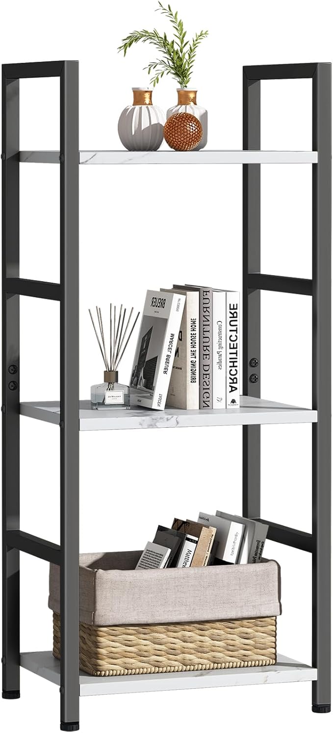 Bookshelf Storage Shelf Bookcase, 3 Tier Industrial Bookcase,Small Book case for Living Room, Bedroom, and Home Office, Easy Assembly Free Combination Multi-Functional Organizer(3 Tier,White Marble)-NeatNest