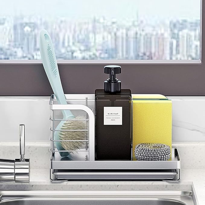 Countertop Dish Soap Holder, Kitchen Sink Caddy Organizer,Sponge Holder for Sink, Stainless Steel Sponge Soap Brush Holder with Drain Pan-NeatNest