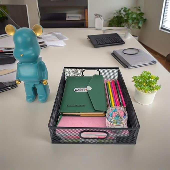 2 Pcs Heavy-Duty Metal Mesh Desk Organizer Tray, A4 Large Office Storage Box Set, 12.6X 9.1 x 2.8Inches, Large Capacity for Home and Office Supplies-NeatNest