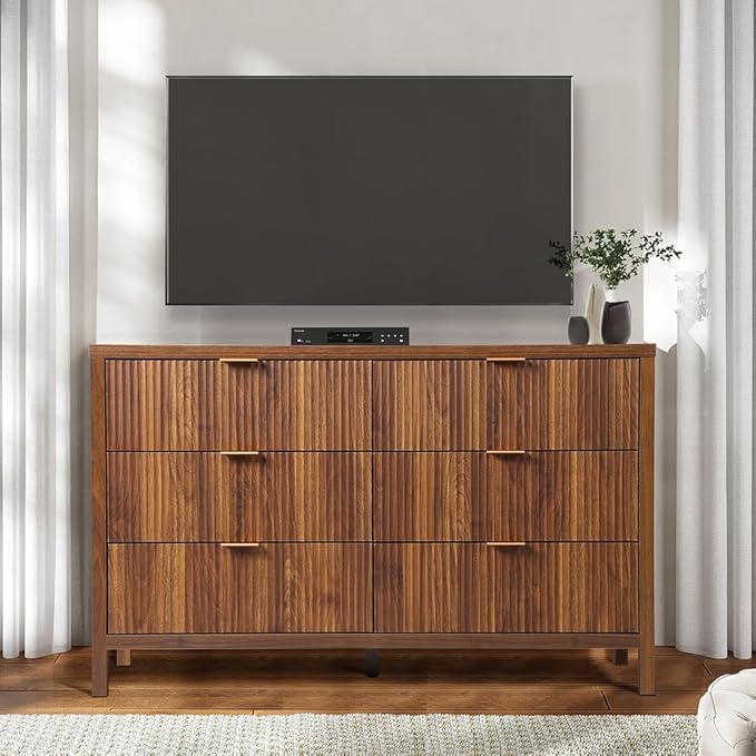 6 Drawer Dresser Cabinet, Long Nightstand with Drawers and Storage Cabinet, Farmhouse Solid Wood Dresser TV Stand, Mid Century Modern Nightstand with 6 Drawer Side Table for Bedroom Closet (Walnut)
