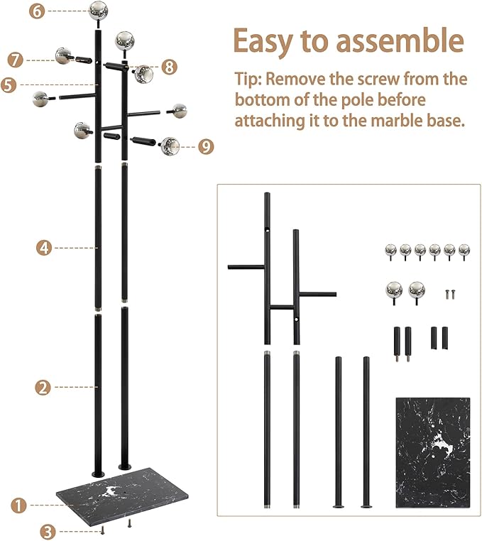 Coat Rack Freestanding with Square Marble Base Heavy Duty Metal Clothes Rack Hanging Stand for Entryway Bedroom Living Room Hotel 14.96 x 10.24 x 68.9 Inches (Black)-NeatNest