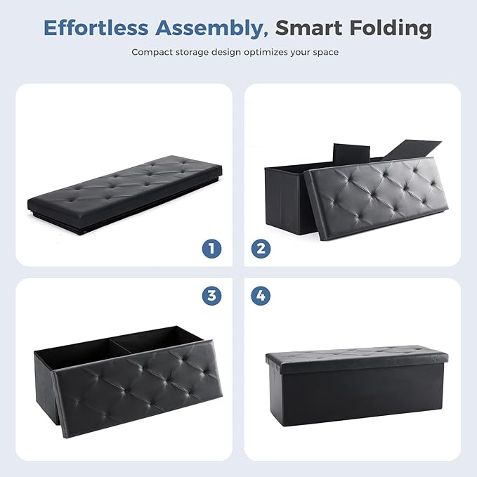 DUMOS 43 Inches Foldable Storage Ottoman Bench, Foot Rest Stool, Synthetic Leather Storage Chest with Thicker Foam Padded Seat for Entryway Living Room, Modern Black