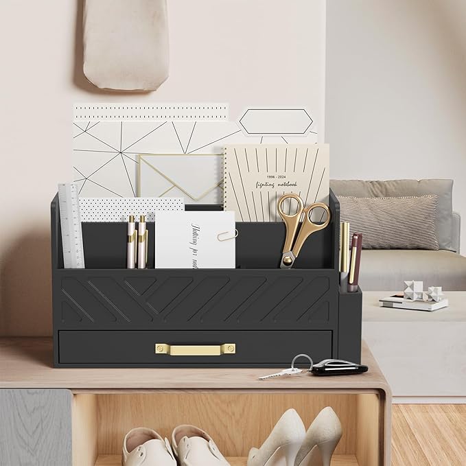 Bamboo Desk Organizer Mail Holder Countertop Wood Desk Drawer Tabletop Storage Box Pen Holder Letter Sorter Makeup Organizer for School Home Office Supplies with Pen Holder Black-NeatNest