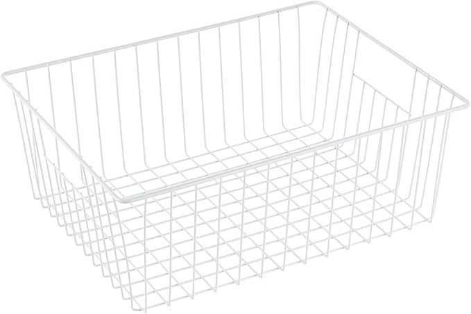 16" L x 12" W Wider Freezer Storage Organizer Baskets Container, Deep Metal Wire Chest Upright Refrigerator Divider Bins with Built-in Handles for Cabinet, Pantry, Closet, Kitchen, Pearl White