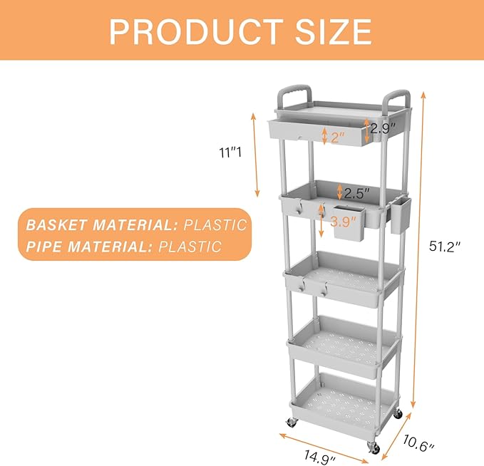 5 Tier Rolling Utility Cart with Drawer,REBECAT Utility Cart Made of Multifunctional Storage Organizer Tool for Kitchen,Bathroom,Living Room,Office(Gray)-NeatNest