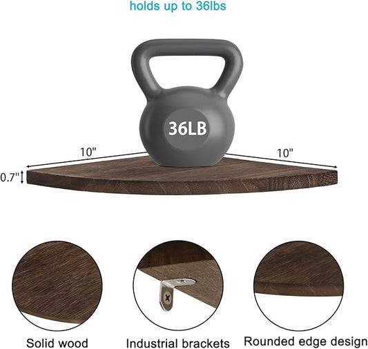 Corner Wall Shelves, Wood Corner Floating Shelves with Cable Raceway, Wall Mount Storage Display for TV Accessories, Monitor, Speaker (Carbonized Dark Brown, Fan-Shaped- 10 Inch)-NeatNest