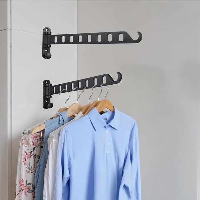 2 Pack Swing Arm Clothes Hanger Rack Wall Mount, Laundry Room Drying Rack with Swing Arm, 8 Holes and 180°Rotation, Swing Away Hanger Rack, Sturdy Hanging, Solid Aluminum (Black)-NeatNest