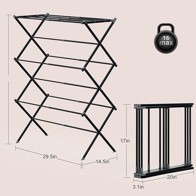 Drying Rack for Laundry, Foldable Clothes Drying Rack, Small Collapsible Dry Rack for Clothes, Use for Indoor & Outdoor Drying Clothes, Black 40"x29"x14.5"