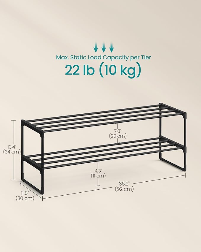 SONGMICS Shoe Rack, 2-Tier Shoe Organizer, Metal Storage Shelf, Upright or Upside Down, for 12-15 Pairs, Stackable, for Entryway, 11.8 x 36.2 x 13.4 Inches, Black ULSA12BK-NeatNest