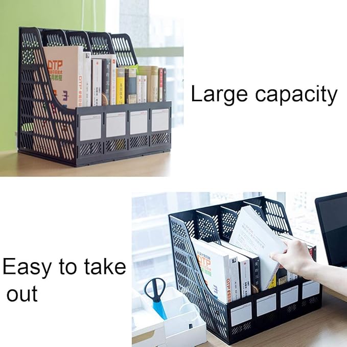 Lemical File Holder Desktop Filing File Box 4 Compartments Vertical File Organizer Magazine Rack Book Holder Frames Binder Holder for Home Office School (Black)