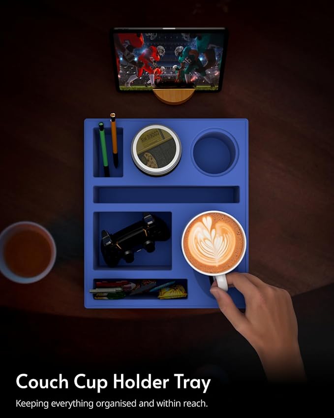 Couch Cup Holder Tray - Couch Organizer Caddy, Silicone Beach Caddy with Cup Holder, Sofa and Bed Drink Holder and Couch Tray Table for Snacks Beverage Remote (Blue)-NeatNest