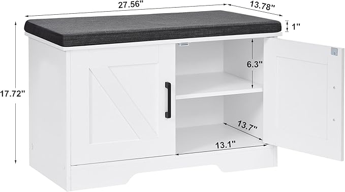 2-Tier Storage Bench, Shoe Bench with Padded Seat Cushion, Entryway Bench with 2 Barn Doors, Adjustable Shelf, 13.8" D x 27.6" W x 17.7" H, for Entryway, Living Room, Bedroom, White-NeatNest