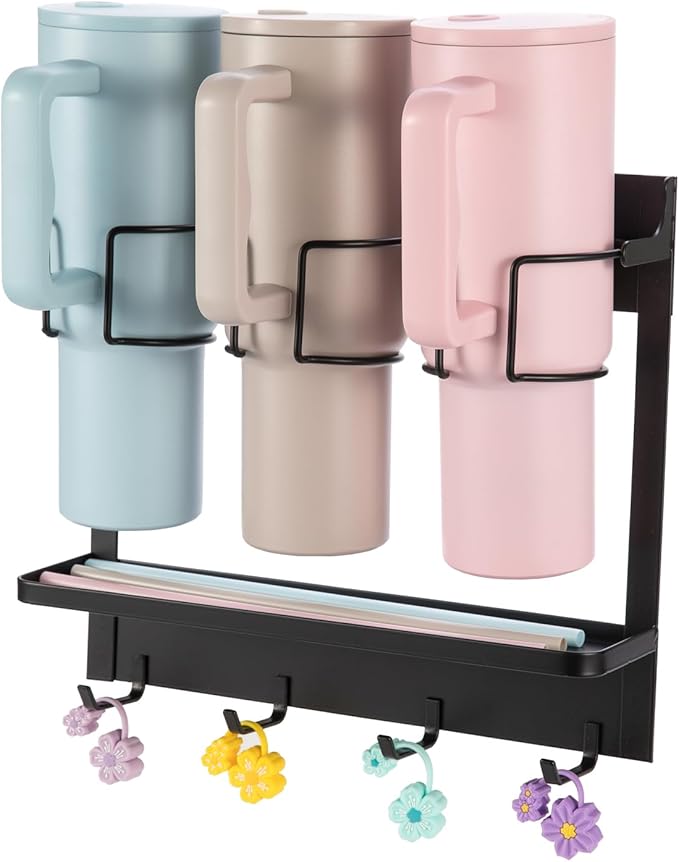 CINPIUK Water Bottle Organizer Holder, Magnetic Mug Hook Storage for Stanley & Large Tumbler, Space Saving Wall Mount Self-Adhesive Mug Organizer with 4 Hook, Easy to Install, Black-NeatNest