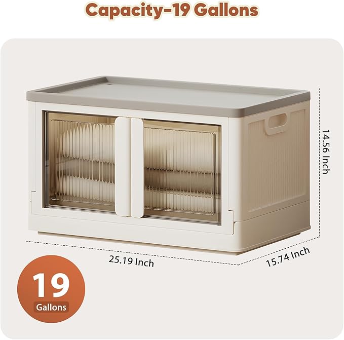 19 Gallon Collapsible Storage Box, Folding Storage Cabinet with Door and Wheels, Clear Door Dual Open Storage Box for Home, 1 Pack