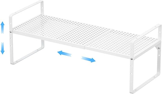Expandable Kitchen Cabinet Shelf Organizer, Stackable Metal Pantry Storage Shelves, Adjustable Counter Shelf Organizer Rack for Kitchen Cabinets, Cupboard, Countertop, Closet, White-NeatNest