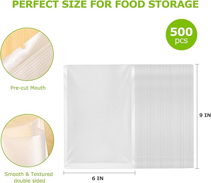 Bonsenkitchen Precut Vacuum Sealer Bags, 500 Pint 6" x 9" Food Sealer Bags,Commercial Grade, BPA Free, Heavy Duty, Customized Size Vacuum Bags for Vac Storage, Meal Prep or Sous Vide Cooking, VB11-NeatNest