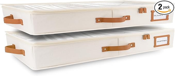 HOMELUX THEORY 2pc Low Profile Under Bed Storage Containers, Thin Under Couch Storage Organizer with Bins & Lids, Underbed Storage Box Ideal for Seasonal Clothes, Blankets, Fabric & Shoes (Ivory)-NeatNest